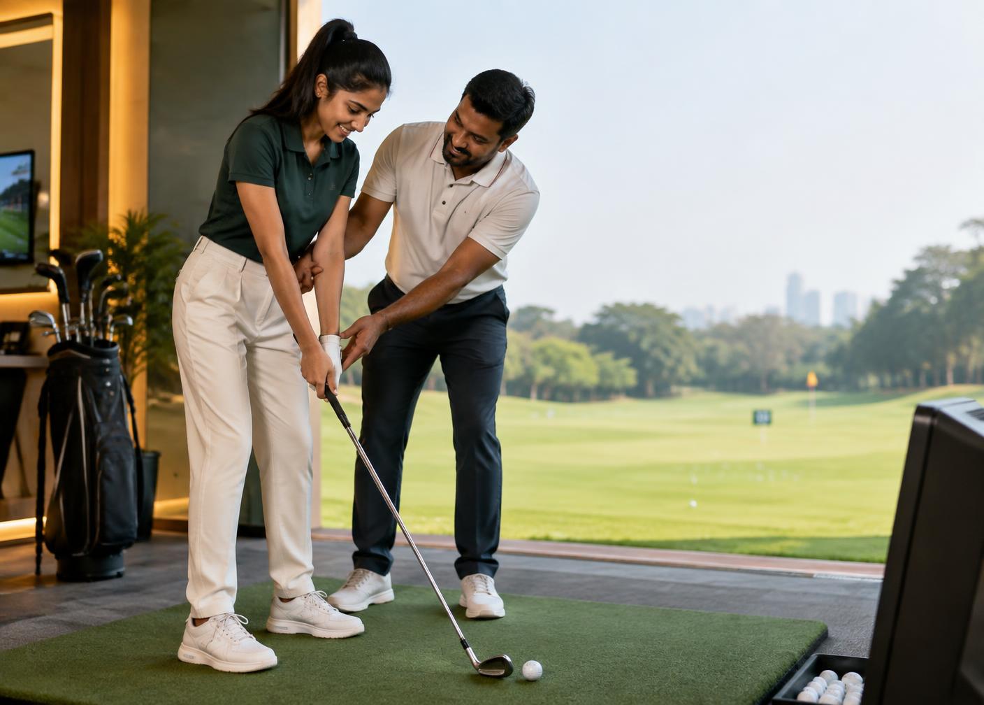 A coach helping a first-time golfer