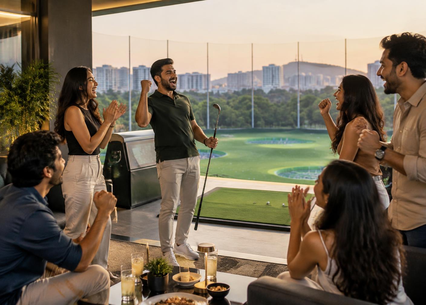 Friends celebrating together in a golf bay