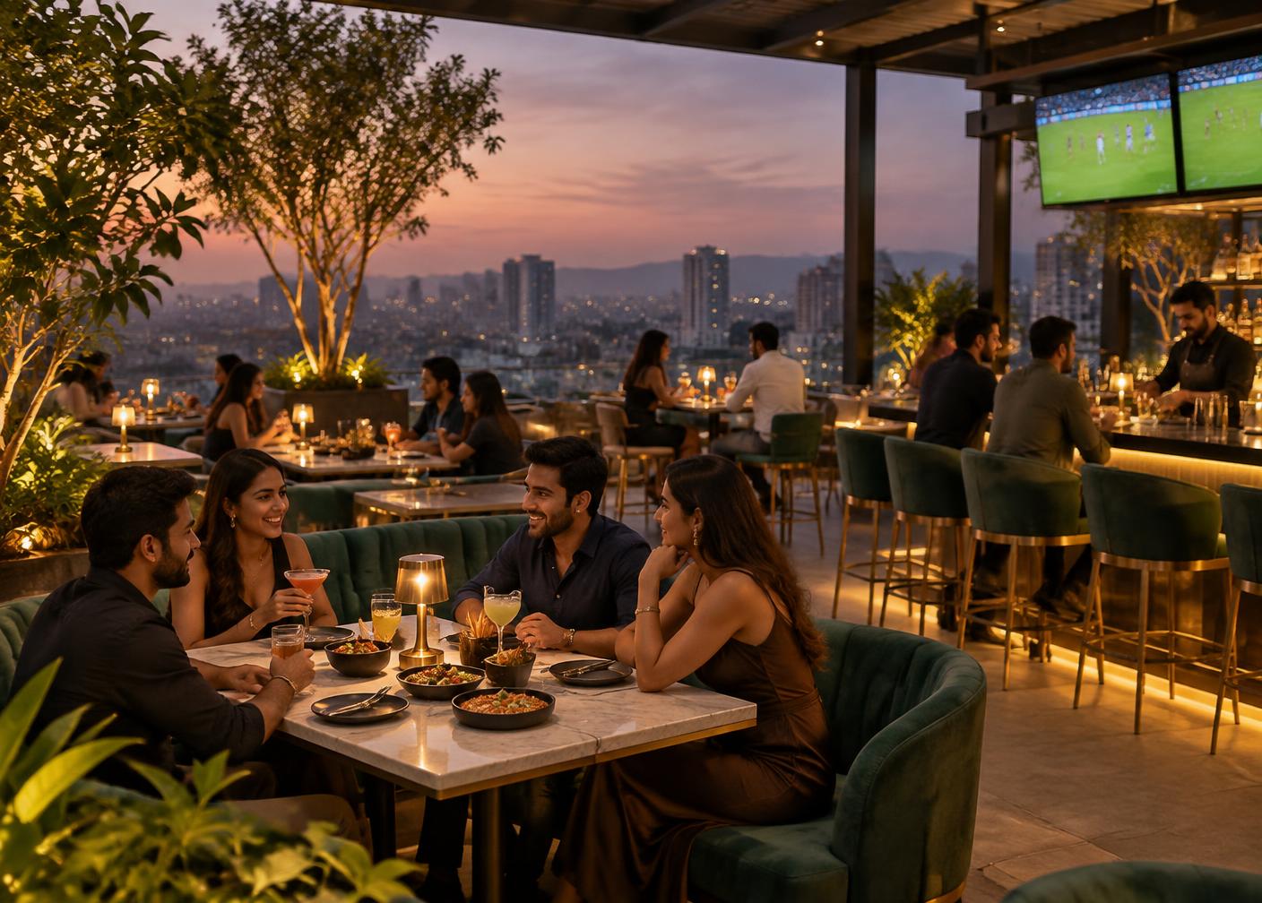 Rooftop dining at dusk